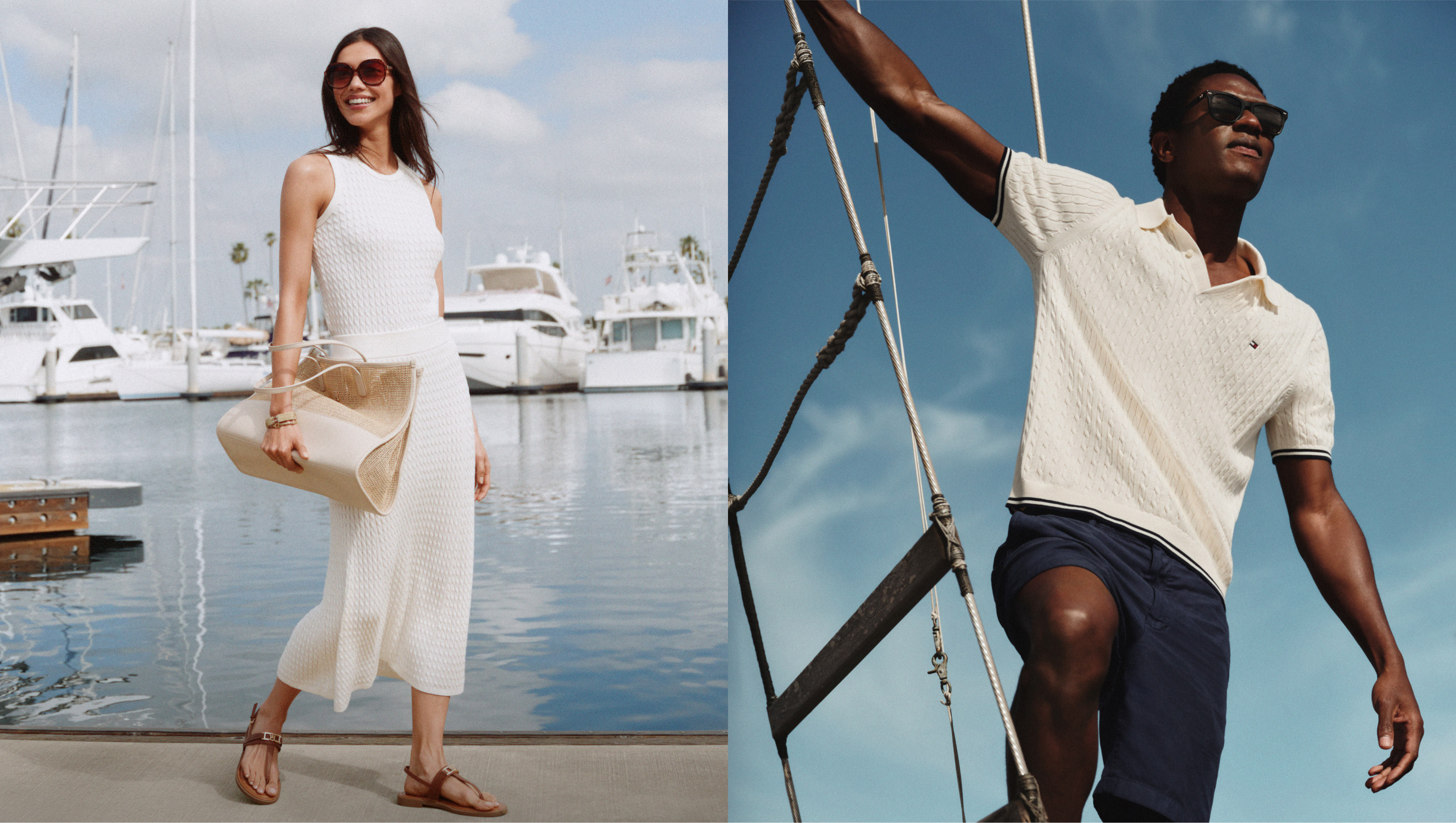 For viewing on a desktop, the image features a split-image. On the left: a female model in a sleeveless white textured Tommy Hilfiger dress holding a woven tote bag at a marina. On the right: a male model sitting on a sailboat rope wearing a Tommy Hilfiger cream knit polo shirt and navy shorts. For viewing on a mobile device, the image only features the male model on a sailboat rope wearing a Tommy Hilfiger cream knit polo shirt and navy shorts.