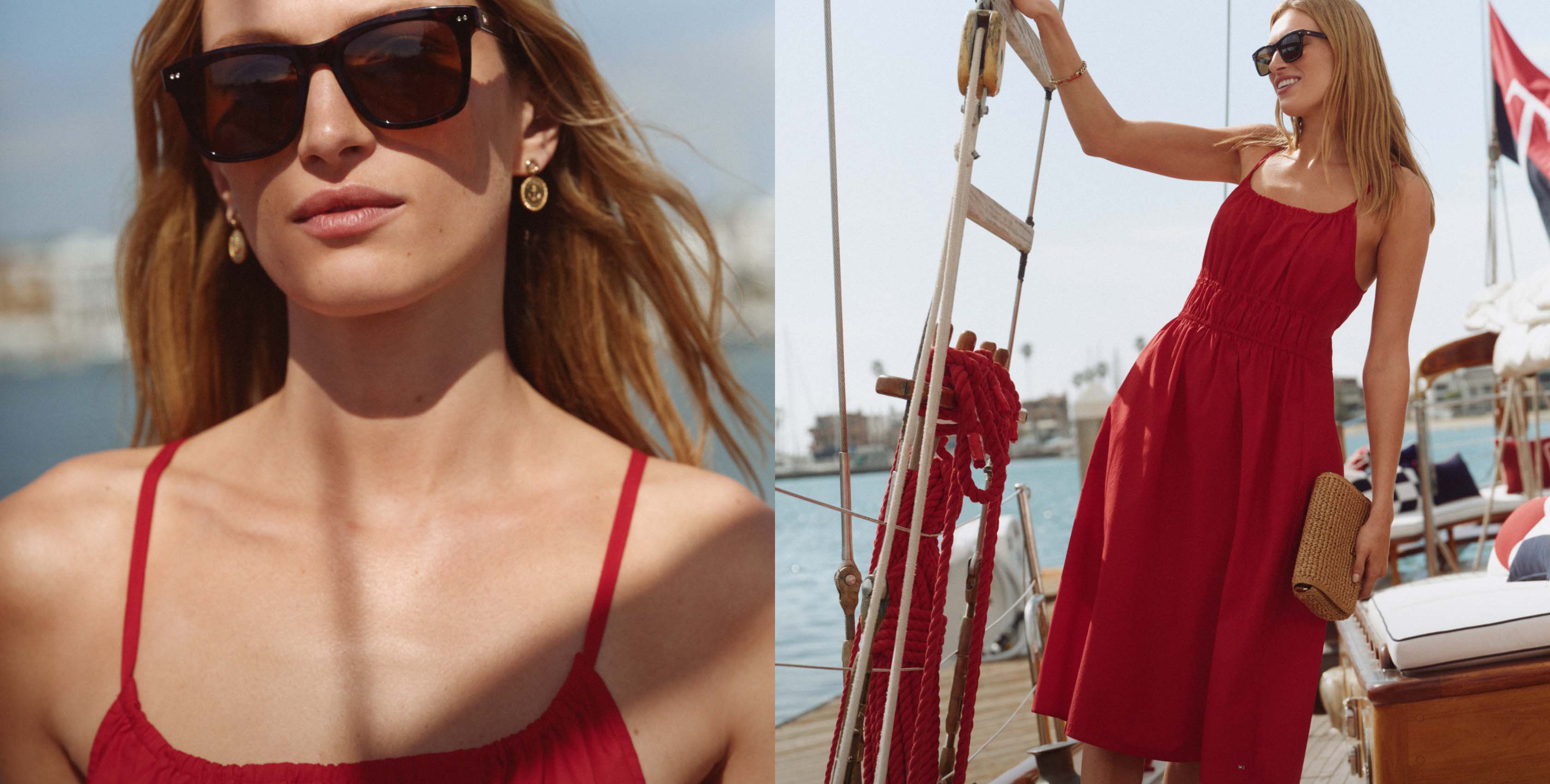 A collage of a woman wearing Tommy Hilfiger sunglasses and a red spaghetti-strap dress on a sailboat.