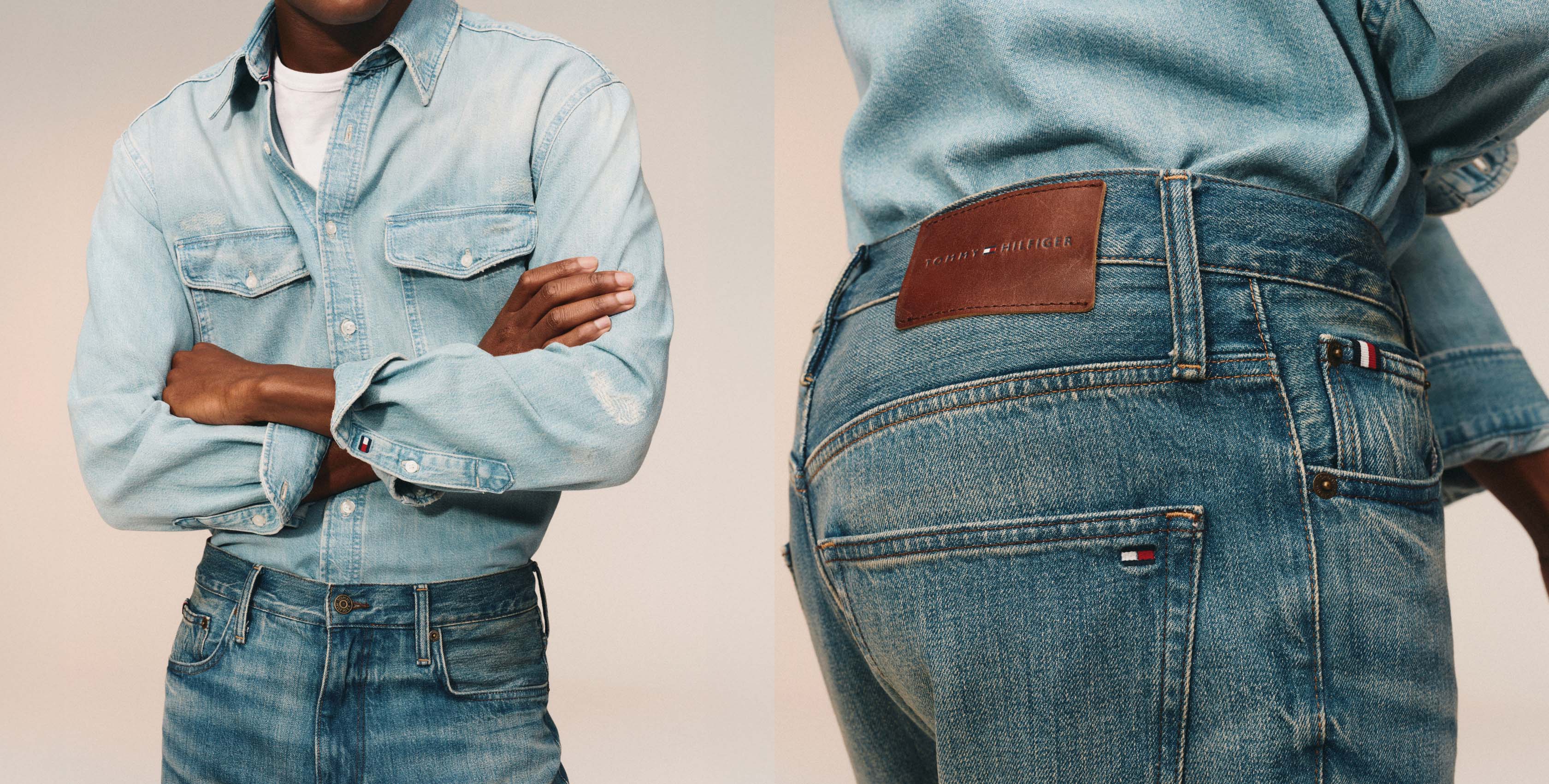 Model wearing a Tommy Hilfiger light wash denim shirt and jeans.