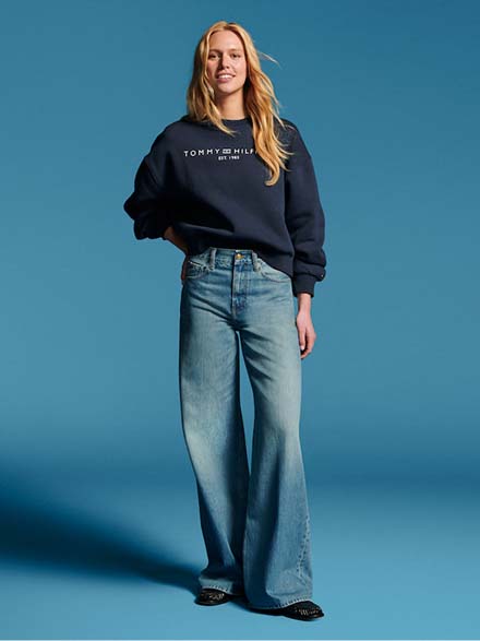 Model wearing a wide leg Tommy Hilfiger Jeans
