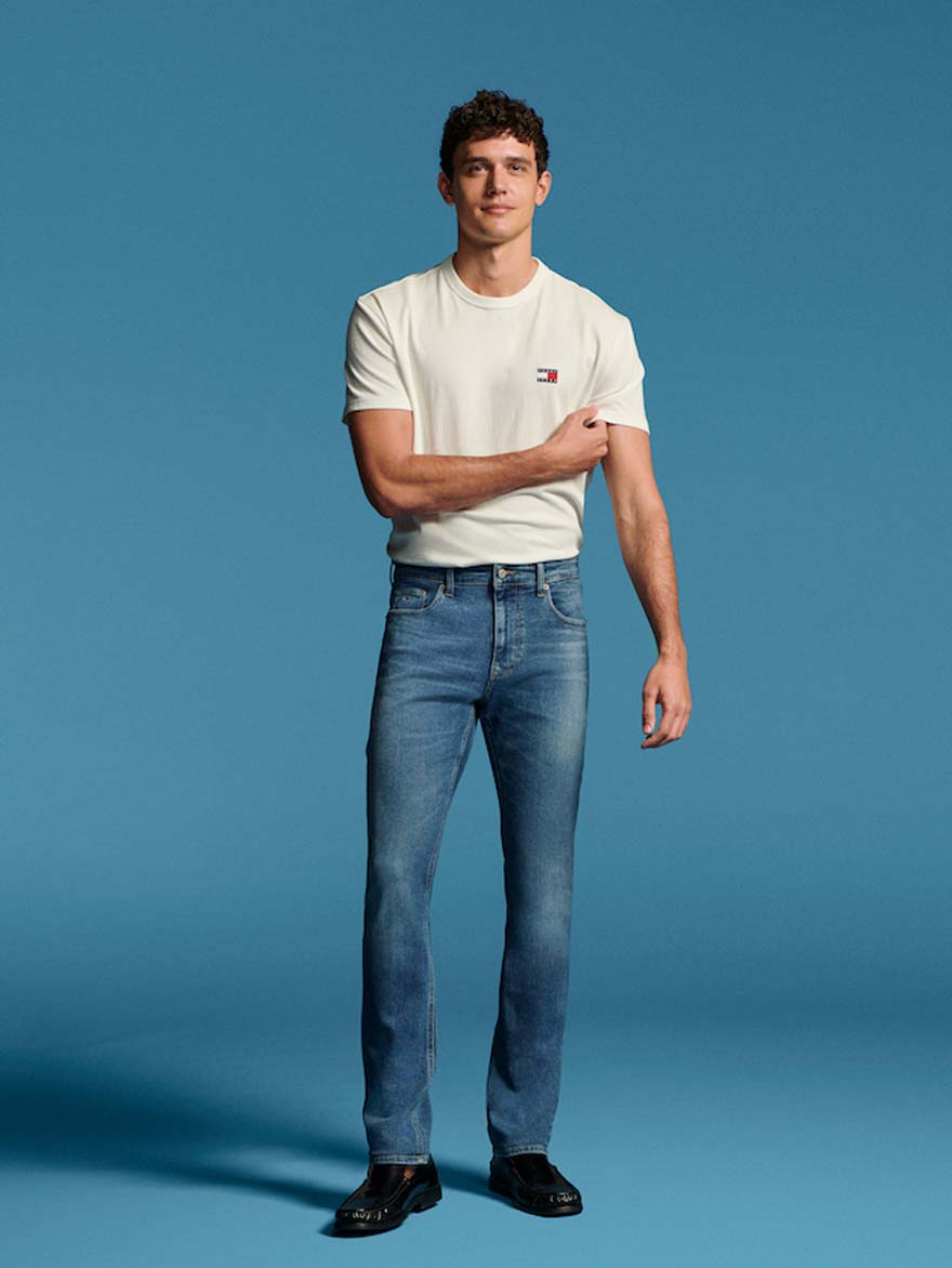 Model wearing slim Tommy Hilfiger Jeans