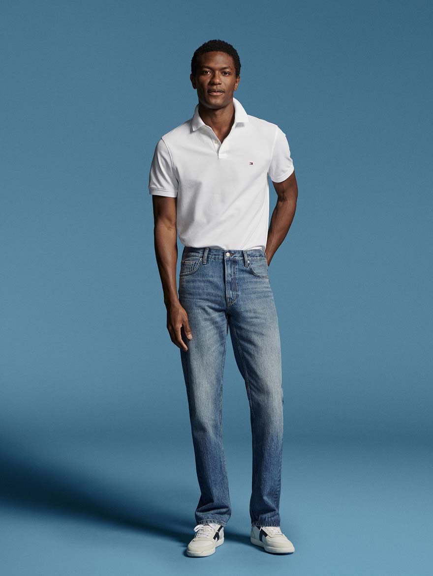 Model wearing a straight Tommy Hilfiger Jeans