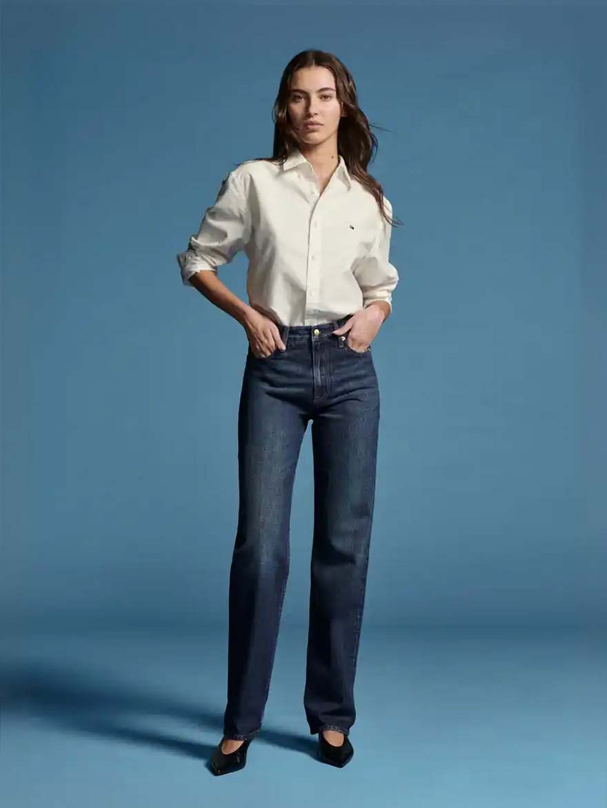 Model wearing a straight Tommy Hilfiger Jeans