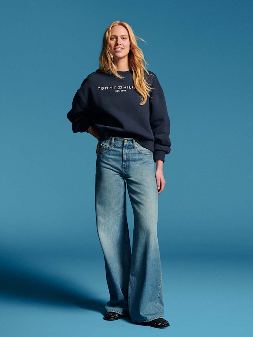 Model wearing a wide leg Tommy Hilfiger Jeans