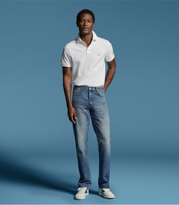 Model wearing a straight Tommy Hilfiger Jeans