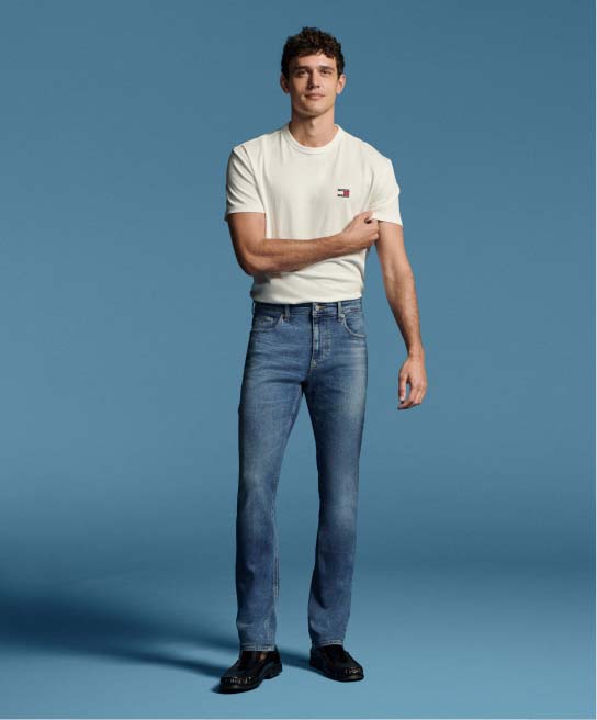 Model wearing slim Tommy Hilfiger Jeans