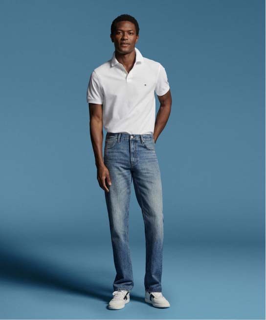 Model wearing straight Tommy Hilfiger Jeans