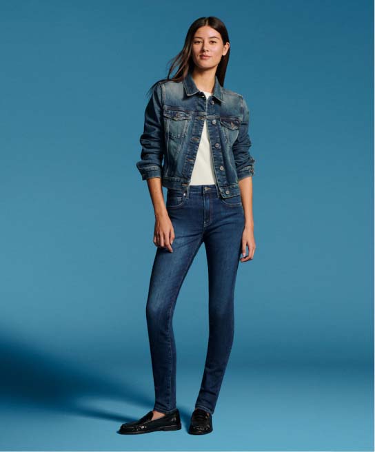 Female model wearing Tommy Hilfiger denim.