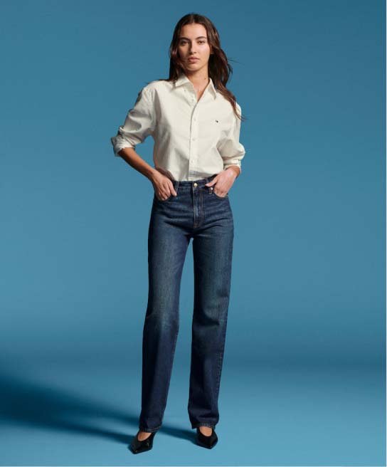 Female model wearing Tommy Hilfiger denim.