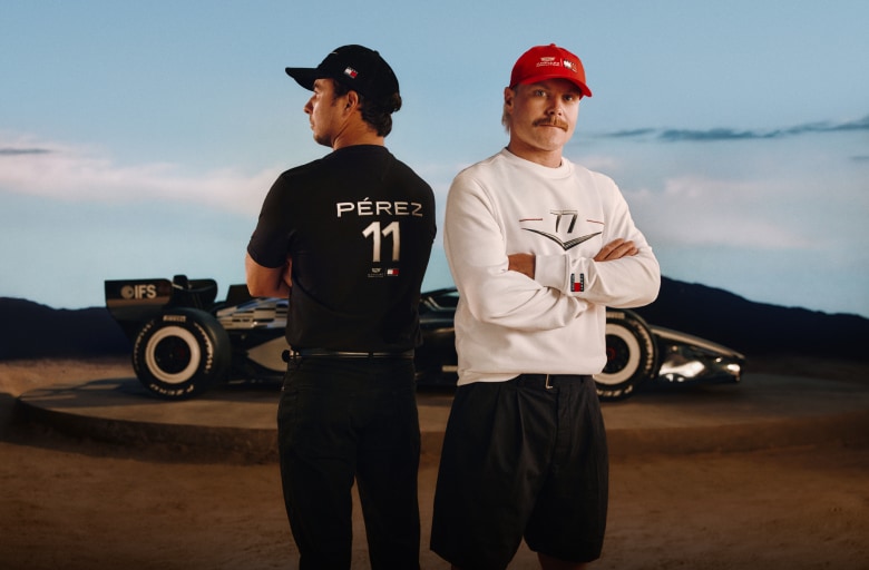 Checo Pérez and Valtteri Bottas wearing the Cadillac x Tommy Hilfiger Fanwear Collection