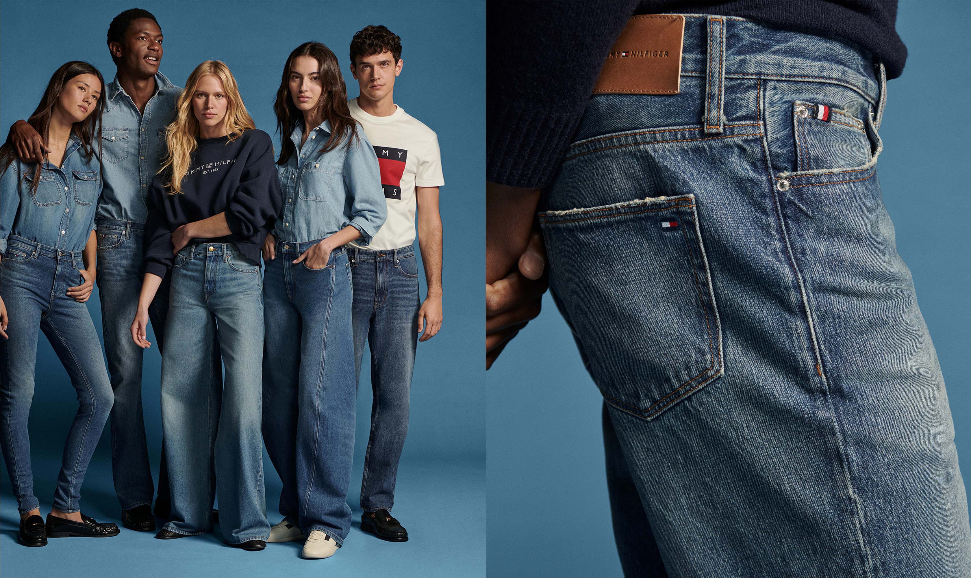 Two images side by side; On the left, a group of five models wearing a variety of men's and women's Tommy Hilfiger denim jeans, shirts, and sweaters against a blue studio backdrop. On the right: A Close-up of the back pocket and waistband of blue denim jeans featuring Tommy Hilfiger branding.