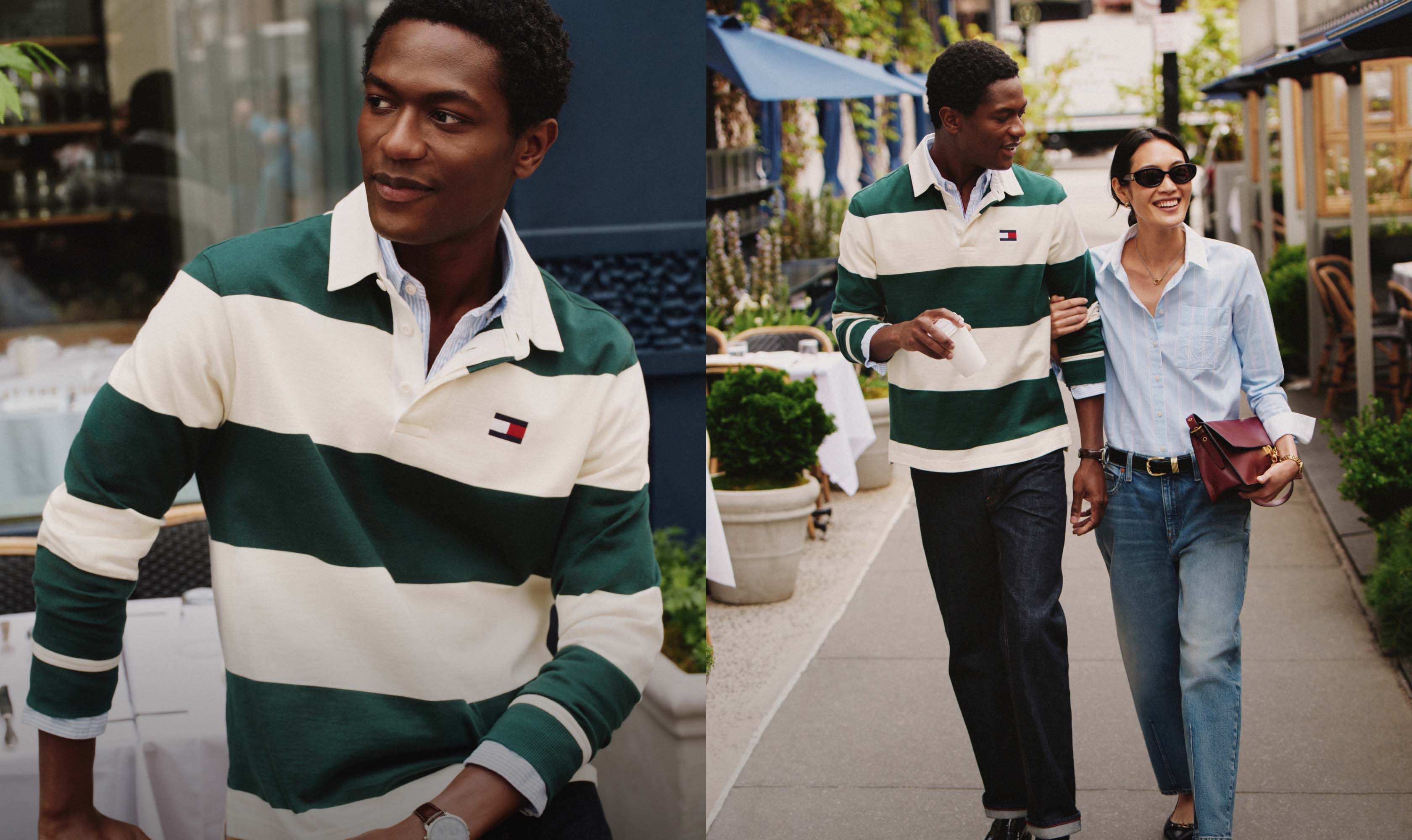 Two images side-by-side (a single image if you are looking on a mobile device), featuring models wearing Tommy Hilfiger casual preppy outfits outdoors. The man wears a striped rugby shirt with dark trousers and the woman wears a light blue button-down shirt and jeans.