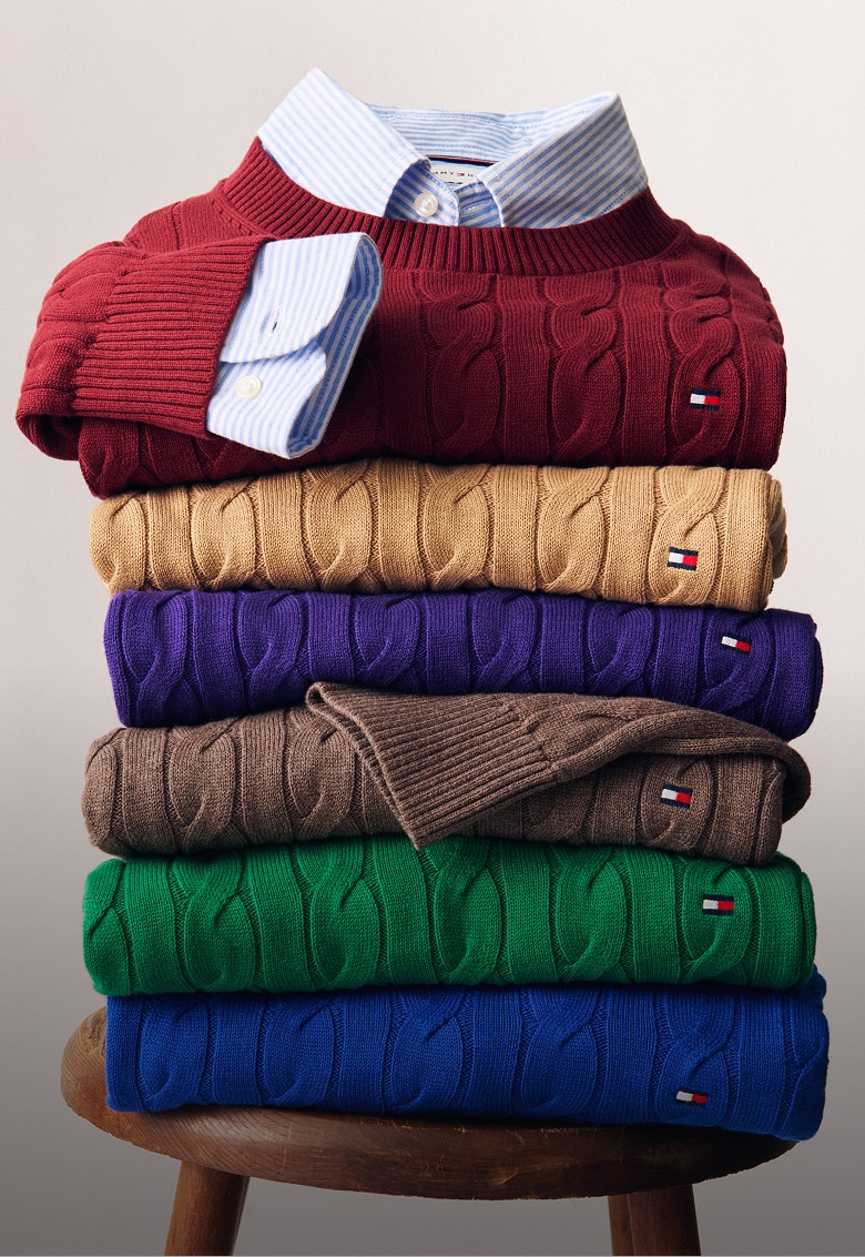 A stack of Tommy Hilfiger Cable Knit sweaters