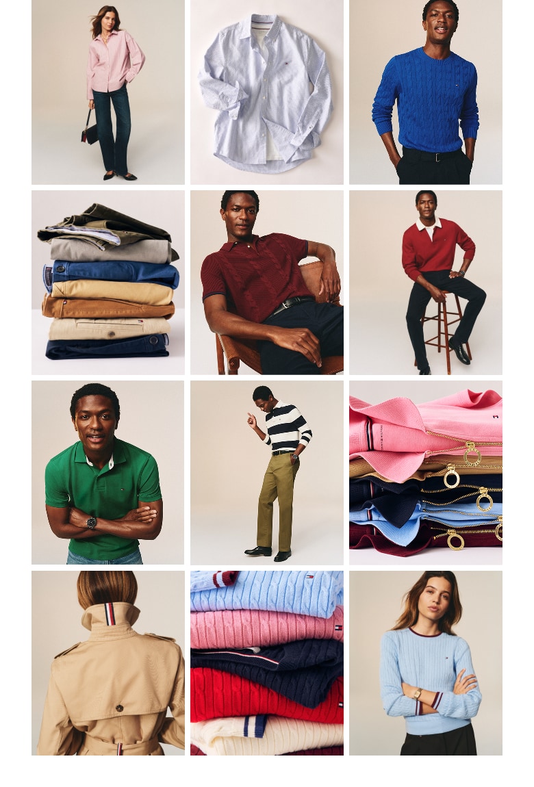 A collage of images, showcasing Tommy Hilfiger apparel including shirts, sweaters, outerwear, folded knitwear, and models wearing signature styles.