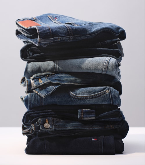 A stack of denim jeans.