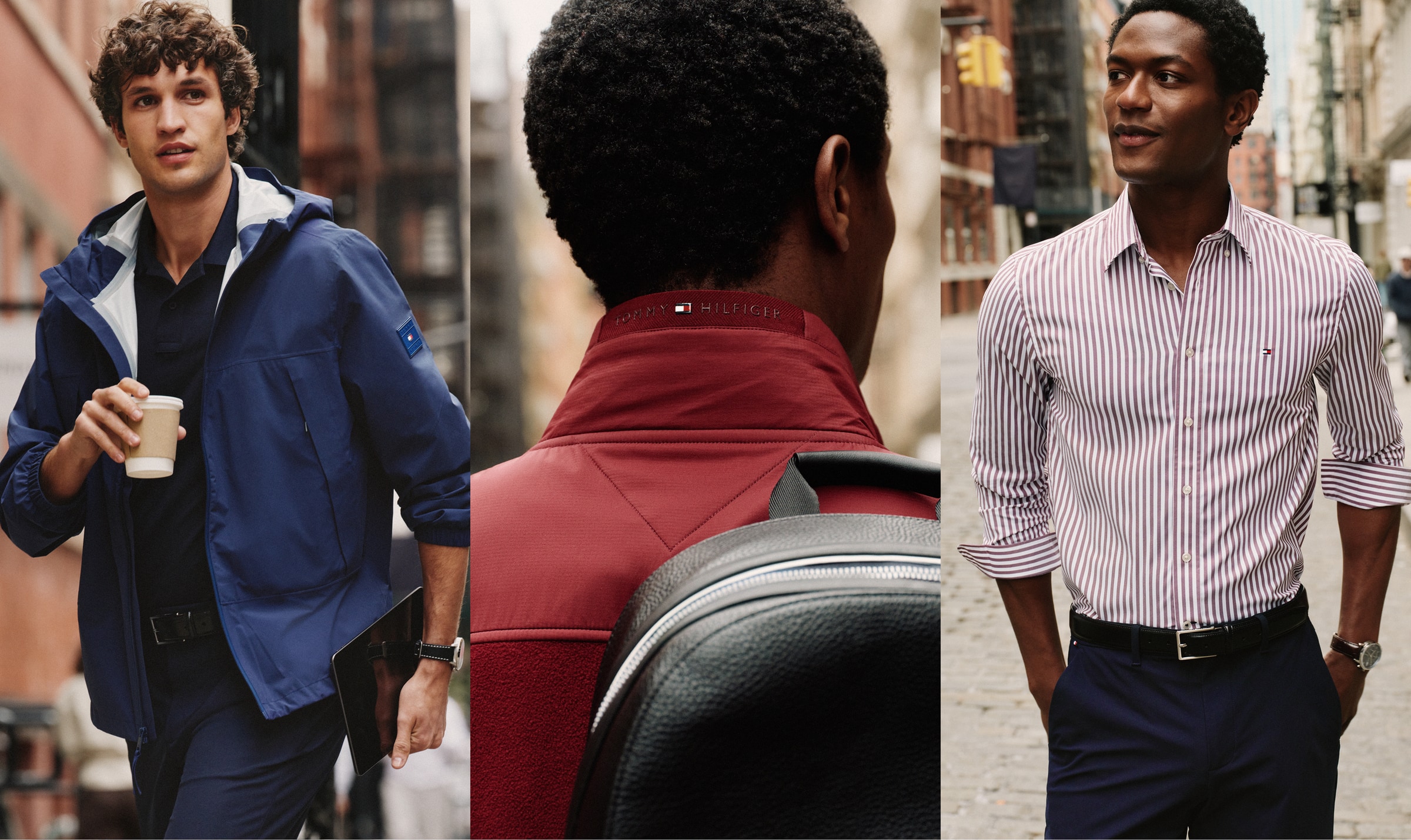 Left: Model walking through the city wearing a Tommy Hilfiger blue performance jacket over dark clothing.
                            center: Rear view of a person wearing a Tommy Hilfiger red performance top.
                            right: Man walking outdoors wearing a Tommy Hilfiger pink and white striped button-down shirt with navy trousers.