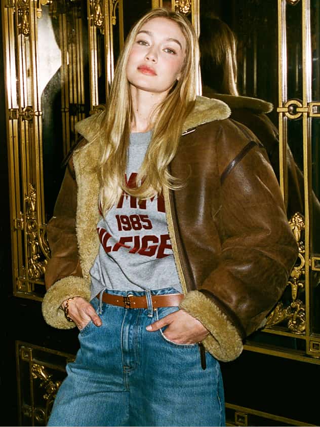 Gigi Hadid wearing a Tommy Hilfiger outfit.