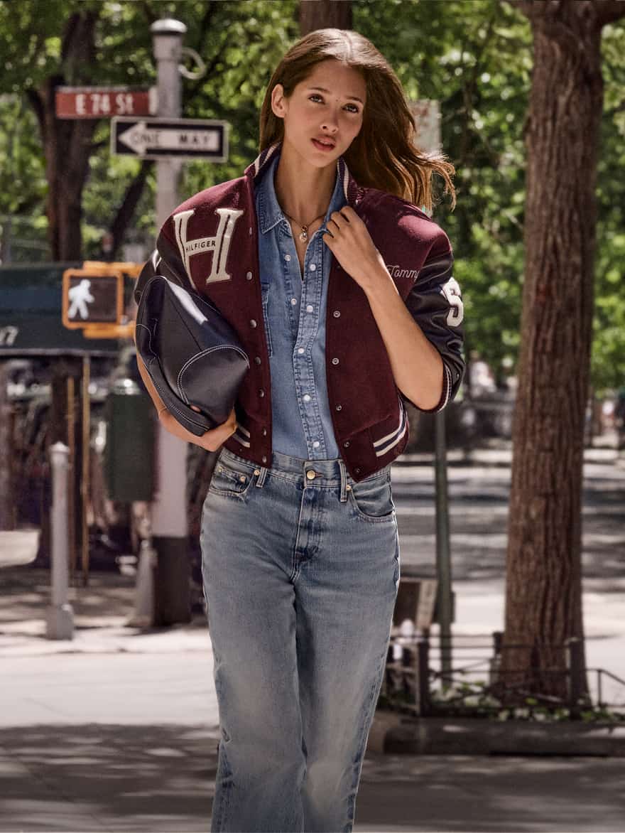Model wearing all Tommy Hilfiger outifts
