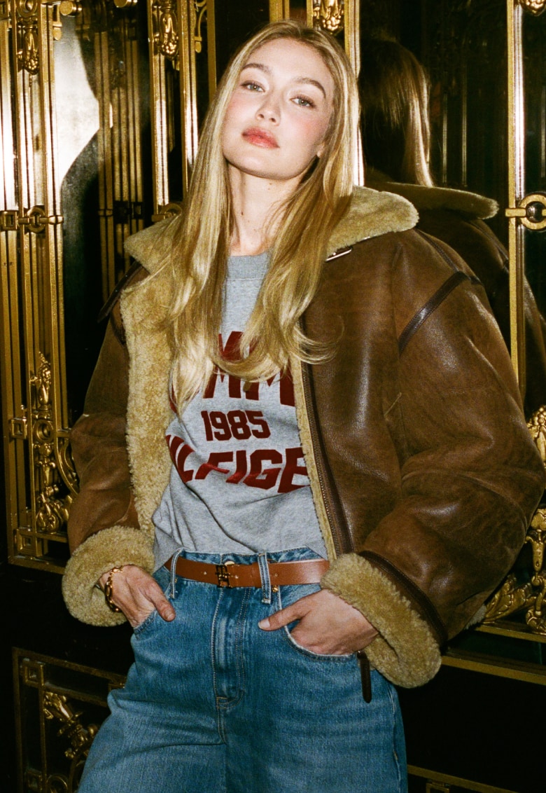 Gigi Hadid wearing a Tommy Hilfiger outfit.