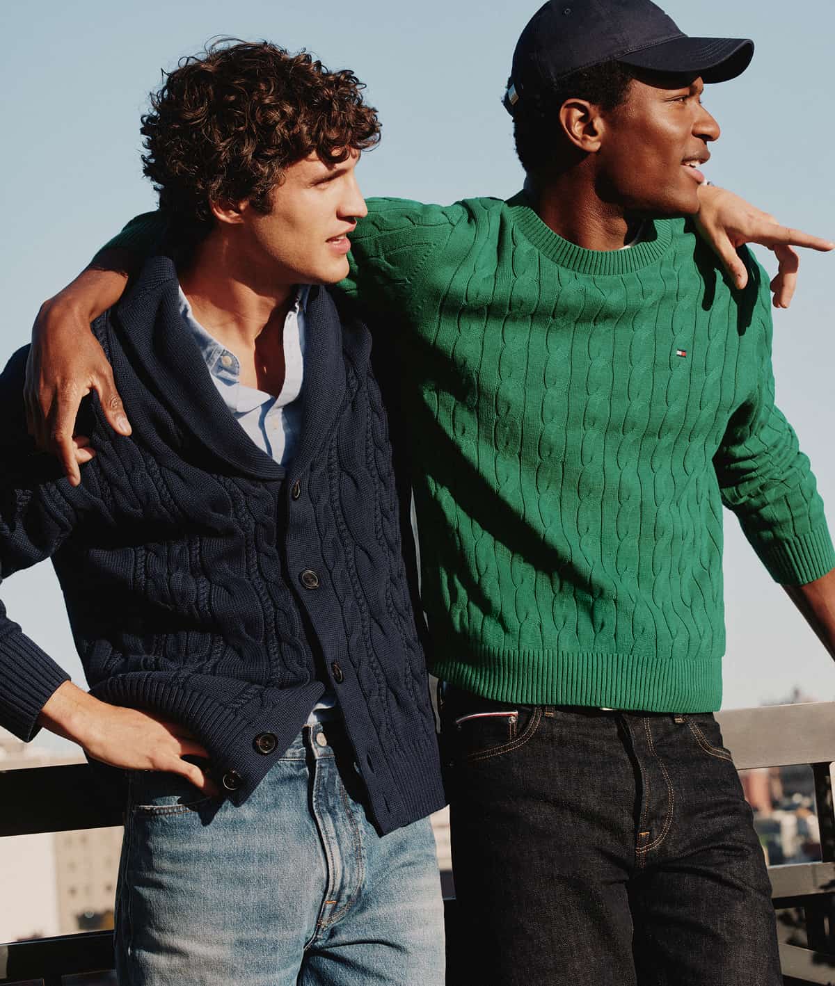 2 Models wearing Tommy Hilfiger sweaters.