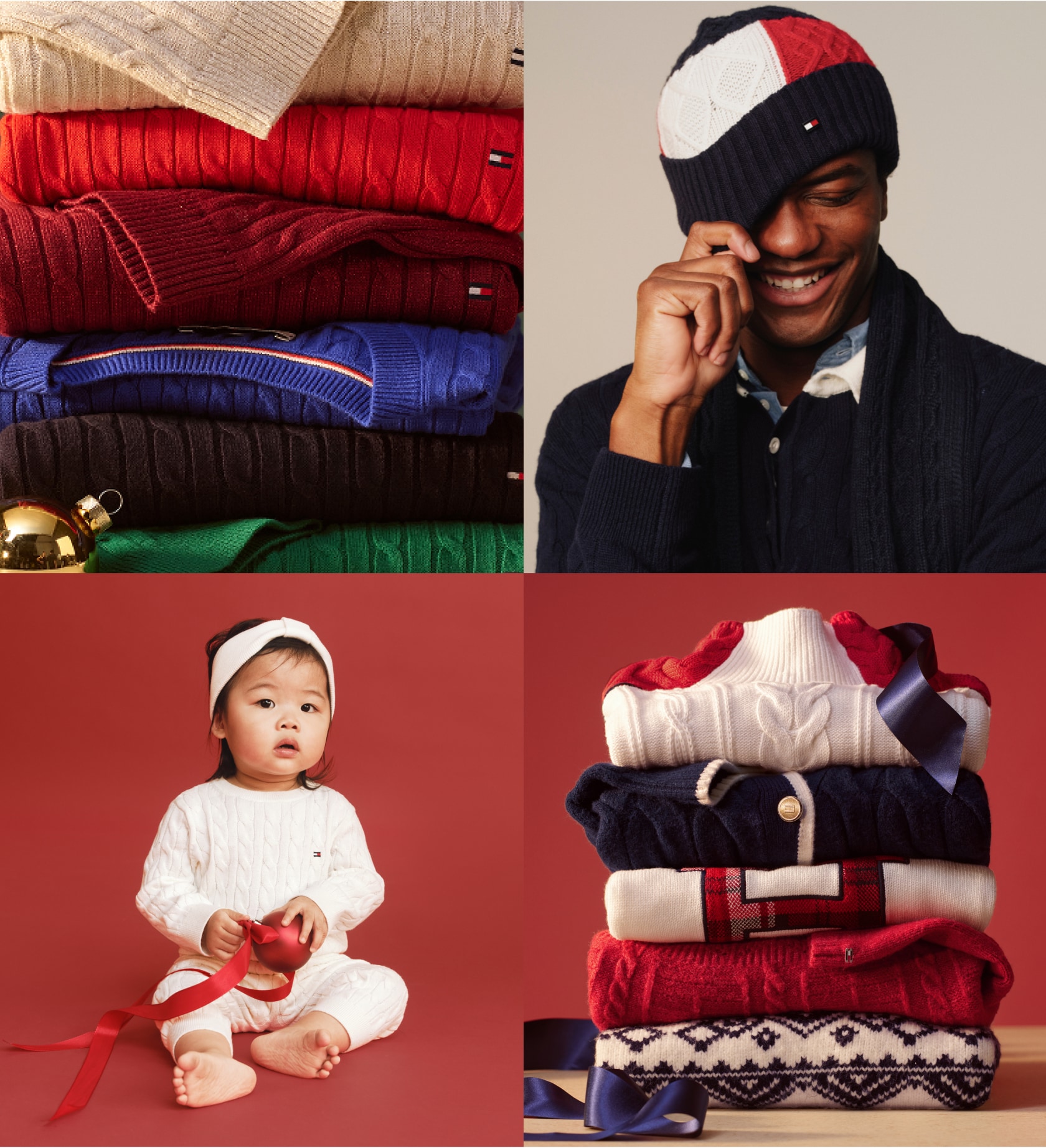 A grid of models wearing Tommy Hilfiger and stacks of Tommy Hilfiger sweaters